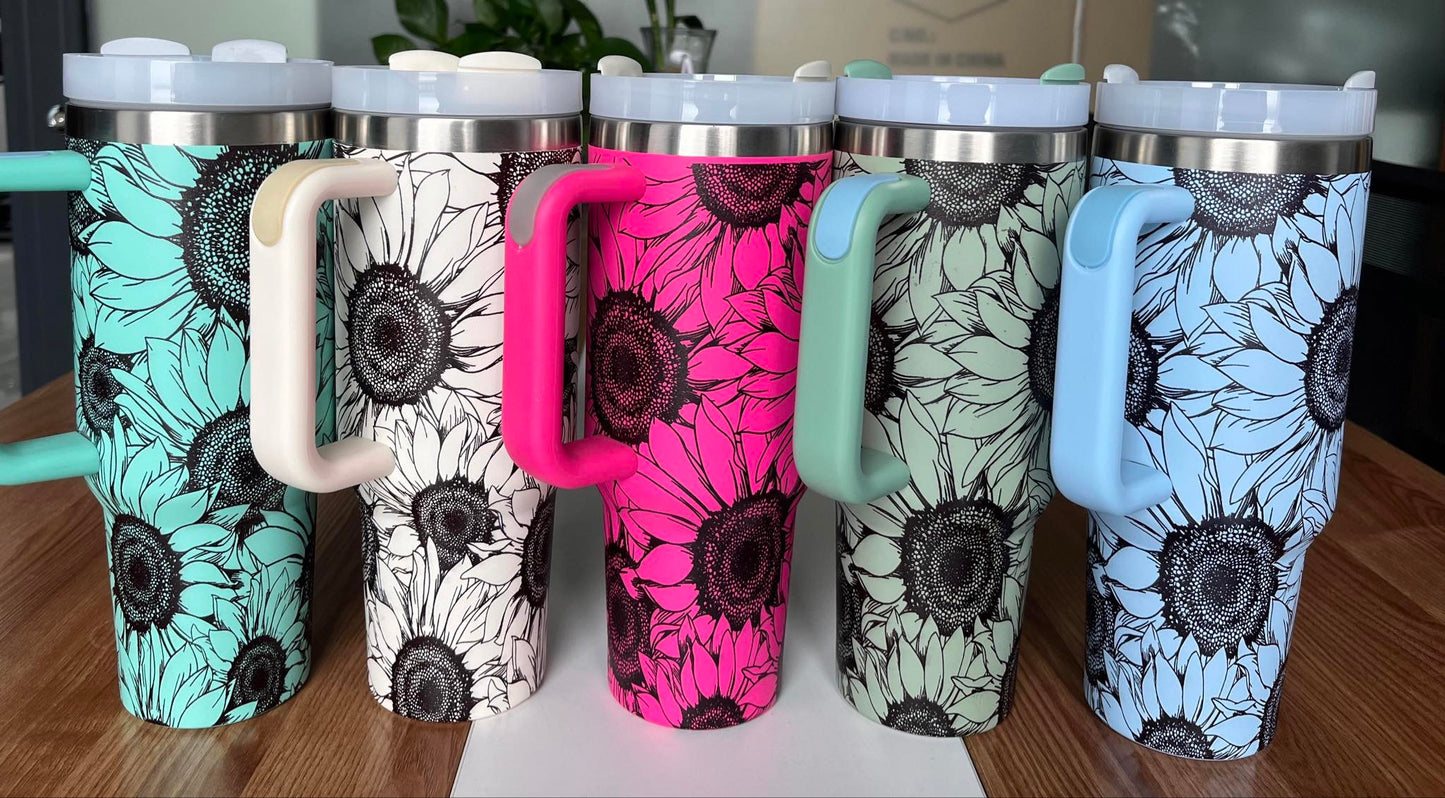 40 oz sunflower tumbler with straw and handle