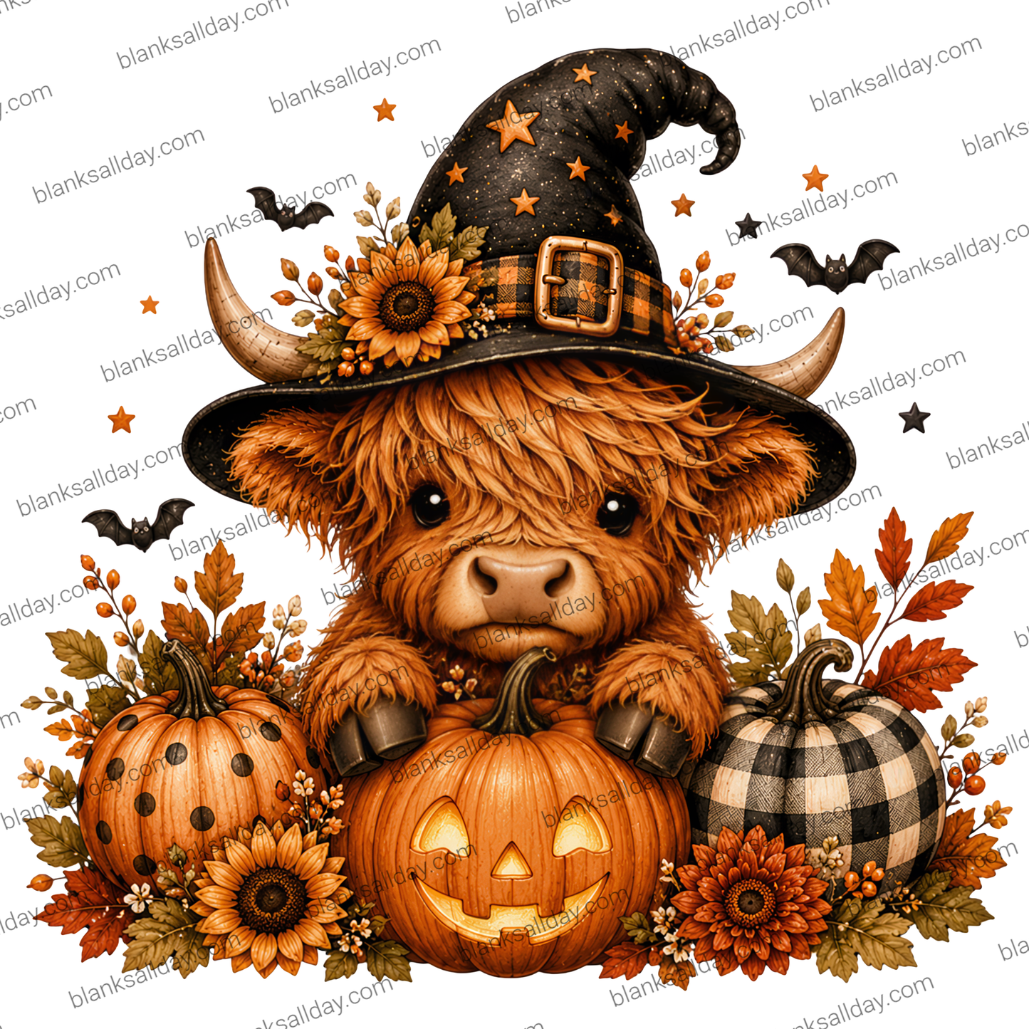 A cute cartoon Highland cow dressed as a witch, wearing a black pointed hat with gold stars and holding a carved jack-o'-lantern, surrounded by pumpkins, sunflowers, autumn leaves, and bats on a white background.
