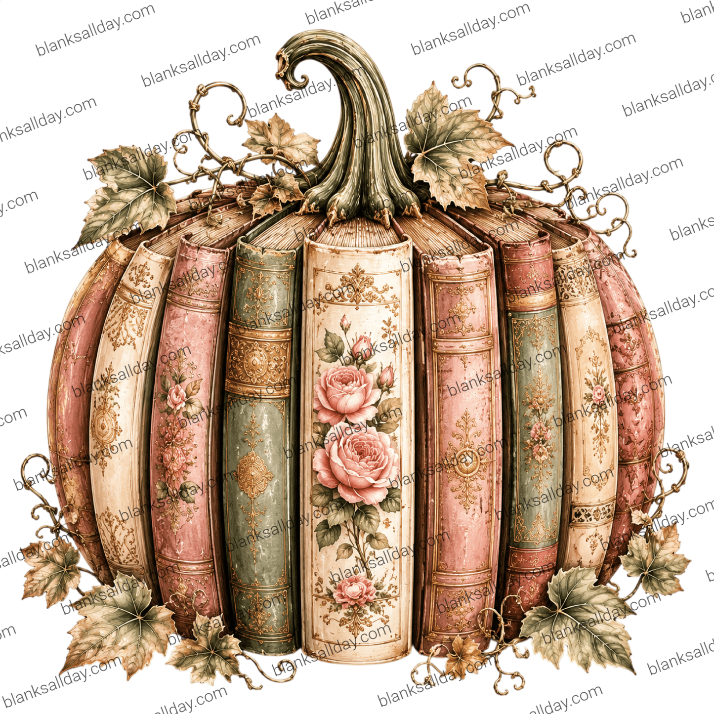 A decorative vintage-style pumpkin illustration made from stacked book spines, with pink roses on the center spine, muted pink and sage green tones, gold ornamental detailing, and leafy vines around the sides.