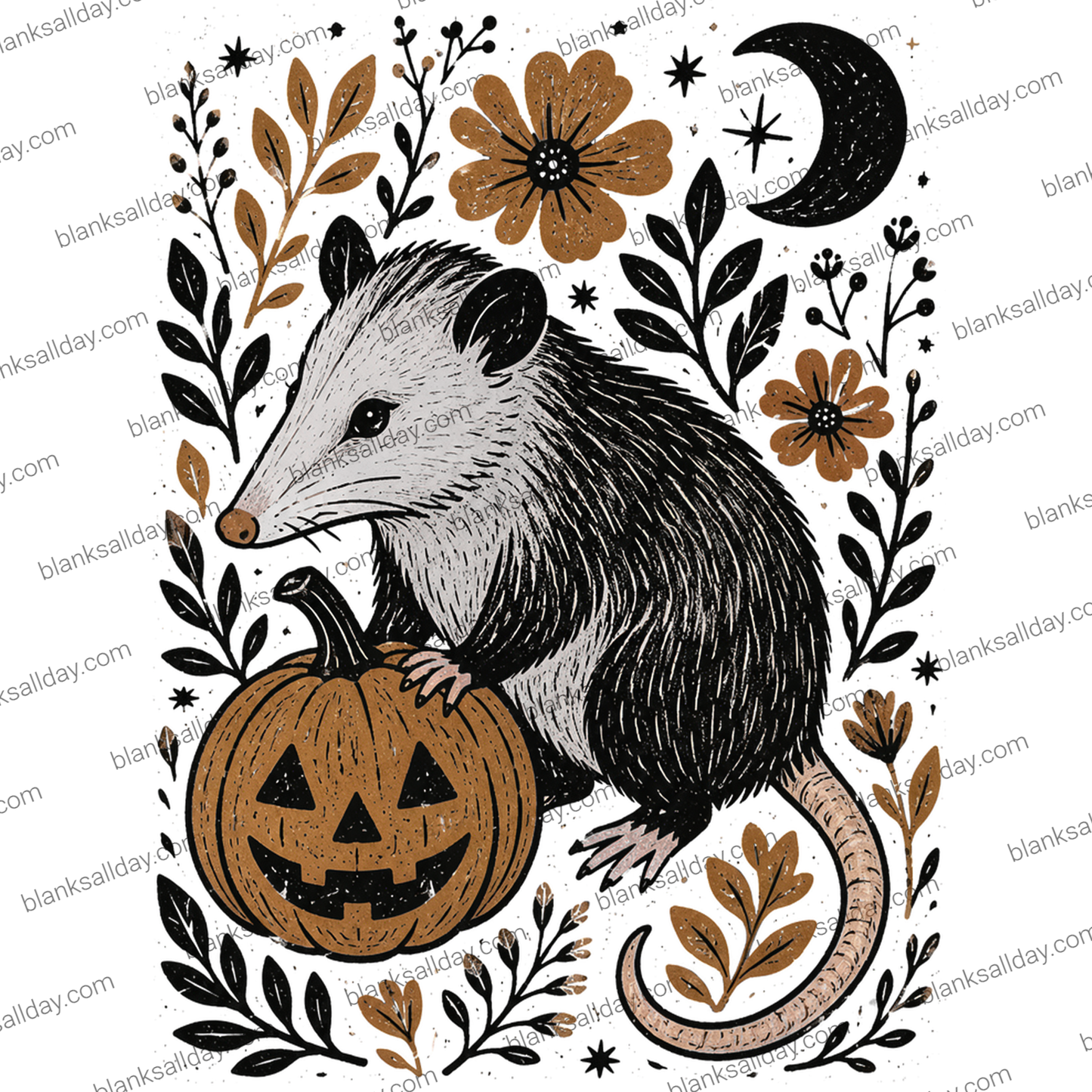 A Halloween-themed illustration featuring an opossum holding a carved jack-o'-lantern pumpkin, surrounded by black leaves, brown flowers, and a black crescent moon and star on a white background.