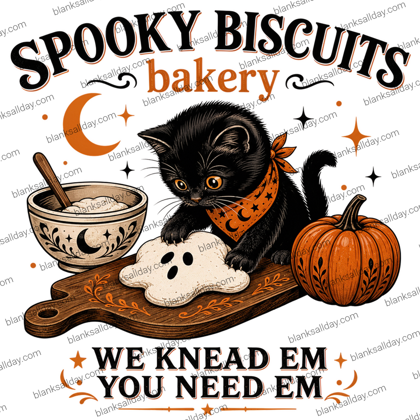 Halloween-themed graphic design featuring a black kitten wearing an orange bandana, a bowl of white biscuits with a spoon, a ghost-shaped biscuit on a wooden board, and an orange pumpkin. The text reads 'SPOOKY BISCUITS bakery' and 'WE KNEAD EM YOU NEED EM' with decorative stars and swirls.