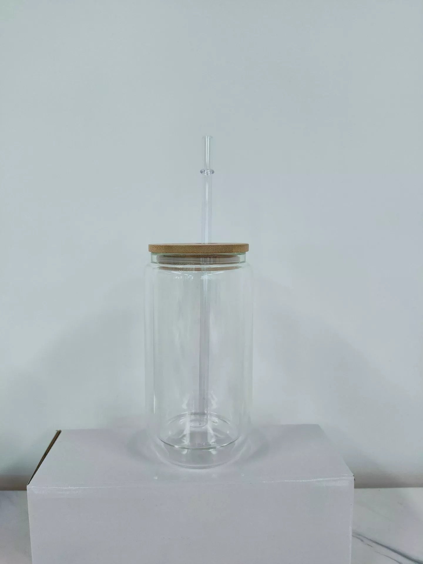 15 oz Double-Wall Glass Snowglobe Tumbler – Clear Can with Lid & Straw
