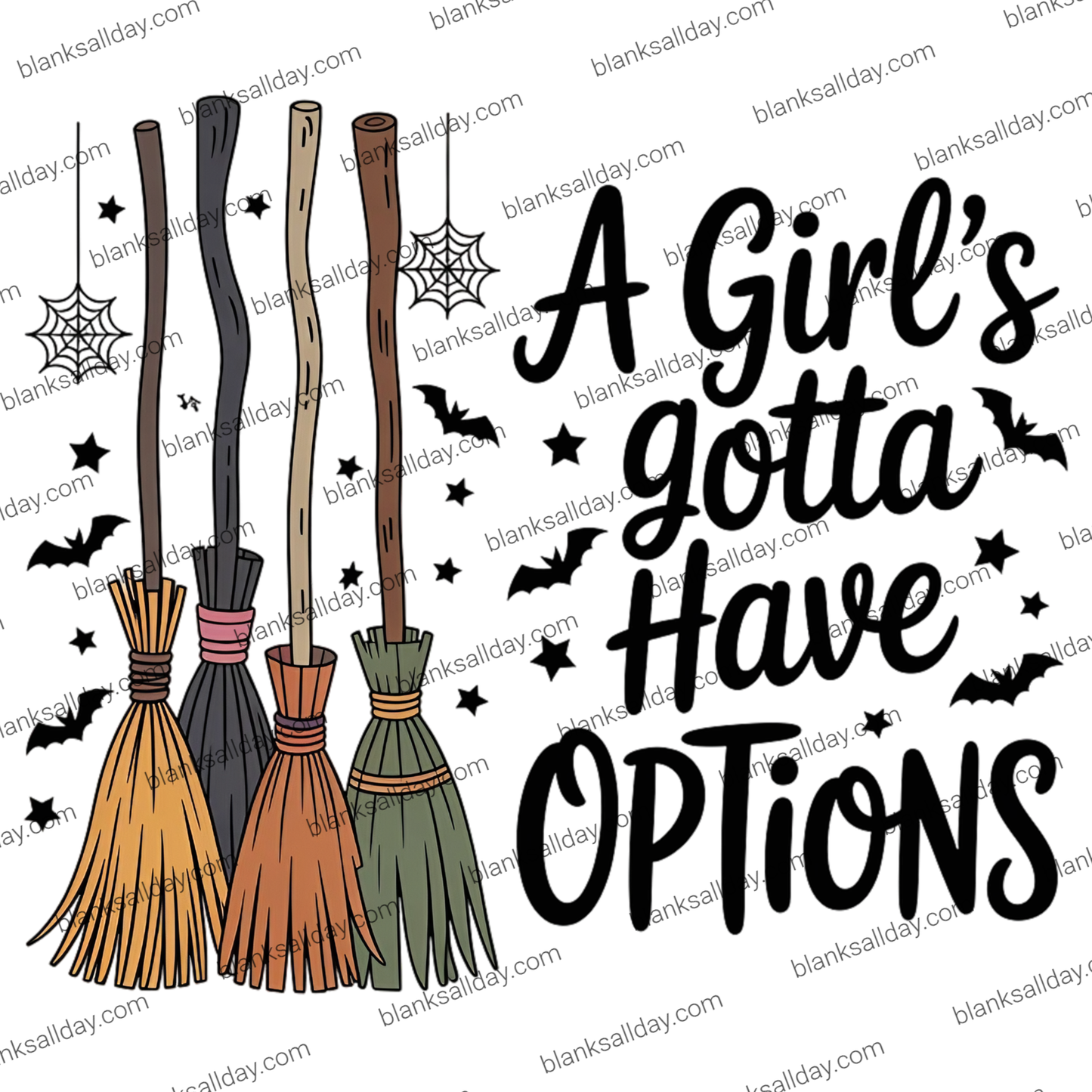 Halloween graphic design featuring three illustrated hand-drawn broomsticks on the left and the phrase 'A Girl's gotta Have OPTIONS' in large black script on the right, with spiderwebs, bats, and stars scattered around. The image has a repeating diagonal watermark reading blanksalday.