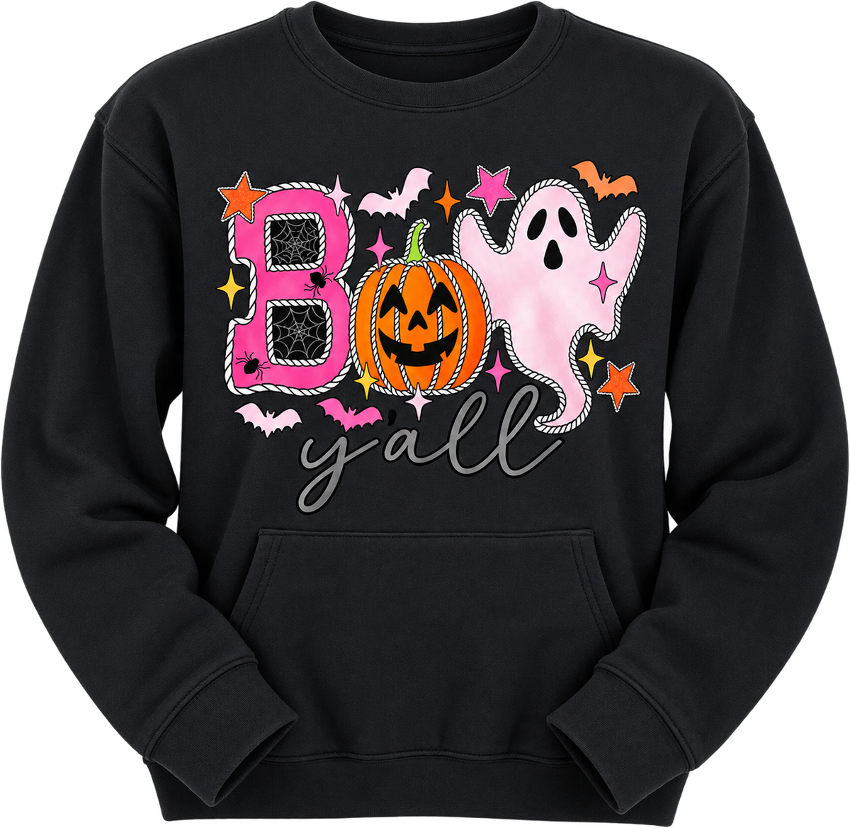 A black crewneck sweatshirt featuring a colorful Halloween graphic on the front with the word 'Boo' stylized as a pink ghost, an orange jack-o'-lantern, a white ghost, bats, stars, and the word 'y'all in gray script.