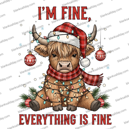 A festive graphic featuring a brown highland cow wearing a red plaid Santa hat and matching scarf, wrapped in multicolored Christmas string lights, with red ornaments hanging on either side. The text reads 'I'M FINE, EVERYTHING IS FINE' in a bold red font, set against a white background.