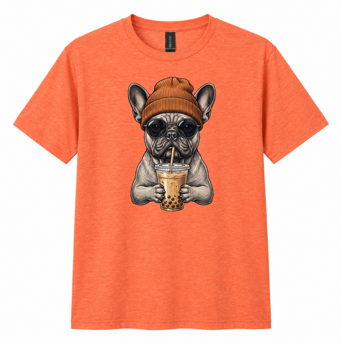 A heather orange short-sleeve crewneck t-shirt featuring a graphic print of a French Bulldog wearing a brown beanie and sunglasses while holding a bubble tea cup.
