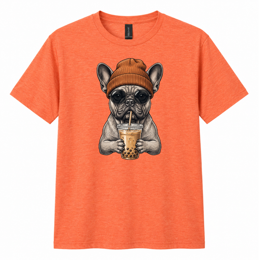 A heather orange short-sleeve crewneck t-shirt featuring a graphic print of a French Bulldog wearing a brown beanie and sunglasses while holding a bubble tea cup.
