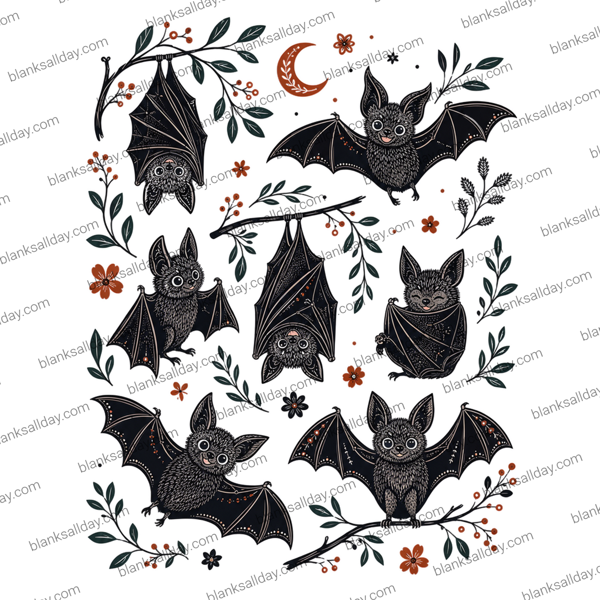 A repeating seamless pattern featuring cute black bats with detailed line art, perched on branches with small orange flowers and a crescent moon, set against a white background.