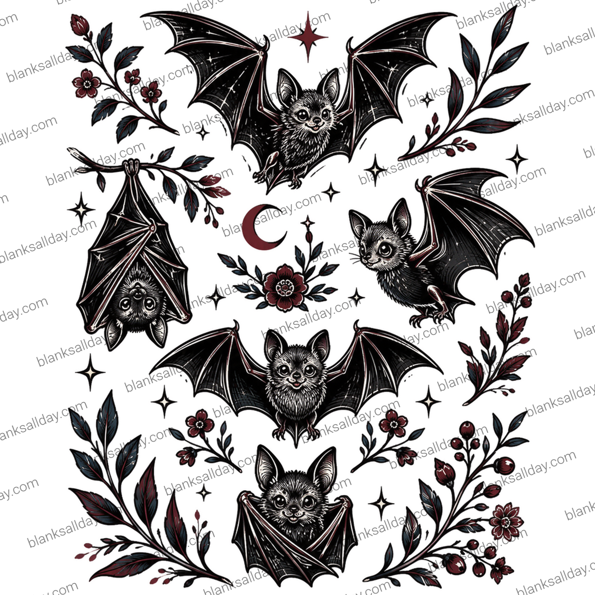 Gothic tattoo-style illustration featuring five black bats with detailed wings, surrounded by dark red flowers, green leaves, a crescent moon, and small stars on a white background.