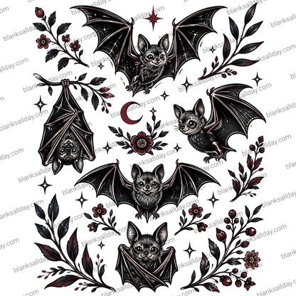 Gothic tattoo-style illustration featuring five black bats with detailed wings, surrounded by dark red flowers, green leaves, a crescent moon, and small stars on a white background.