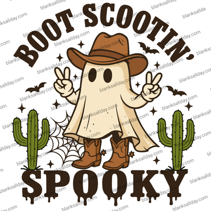 A Halloween-themed graphic design featuring a cartoon ghost dressed as a cowboy with a brown hat and boots, making peace signs, with the text 'BOOT SCOOTIN' and 'SPOOKY' on a white background.