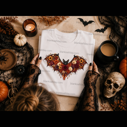 A white short-sleeve T-shirt laid flat on a Halloween-themed backdrop, featuring a large bat design filled with autumn flowers and leaves. Hands in black lace sleeves hold the shirt, surrounded by pumpkins, a skull, candles, black lace, and a mug on a tan surface.