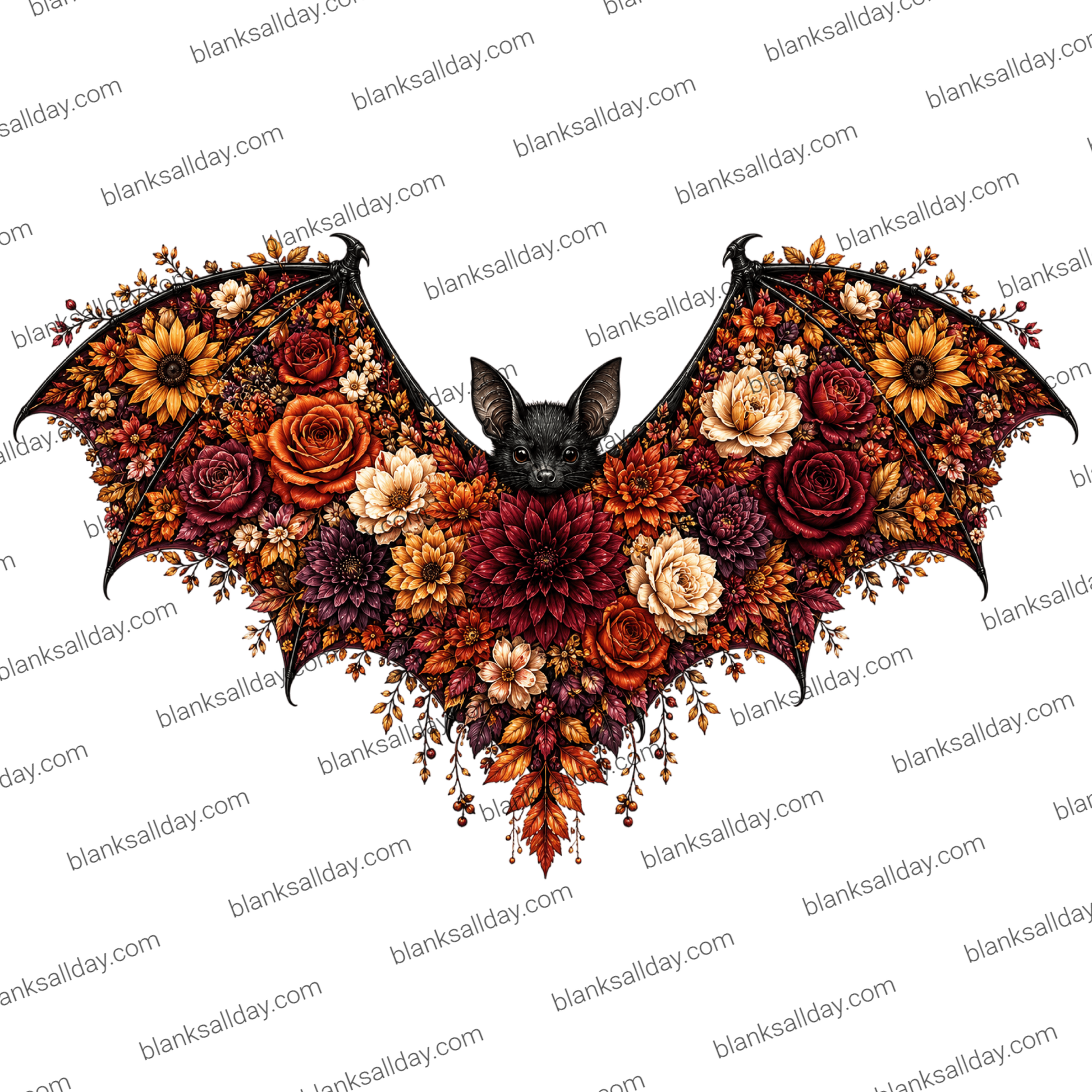 A decorative bat silhouette filled with layered autumn flowers and foliage, including orange roses, burgundy dahlias, cream blossoms, and dark purple blooms, on a white background.