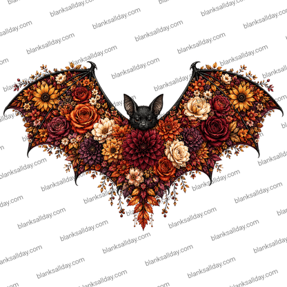 A decorative bat silhouette filled with layered autumn flowers and foliage, including orange roses, burgundy dahlias, cream blossoms, and dark purple blooms, on a white background.