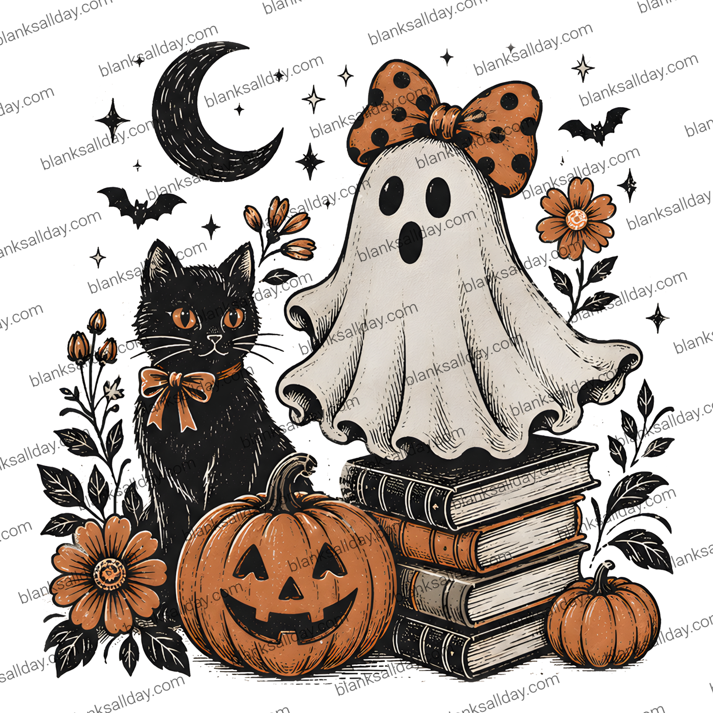 Halloween illustration featuring a black cat with an orange bow, a white ghost with an orange polka-dot bow, a carved pumpkin, stacked books, flowers, bats, and a crescent moon on a white background.