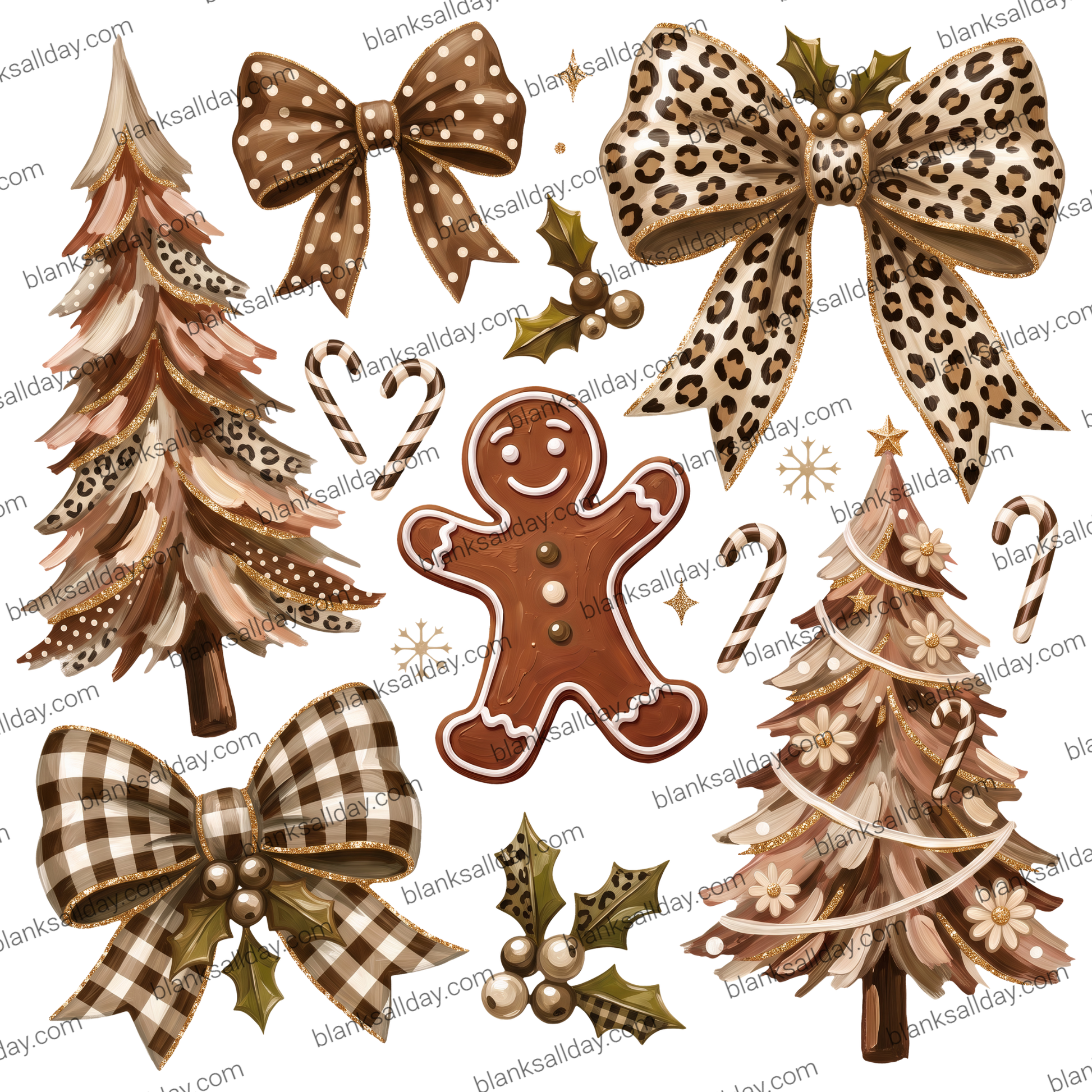 A set of Christmas-themed clipart elements on a white background, including two decorated trees, three bows in leopard print, gingham, and polka dot styles, a gingerbread man, candy canes, holly, and small gold stars.