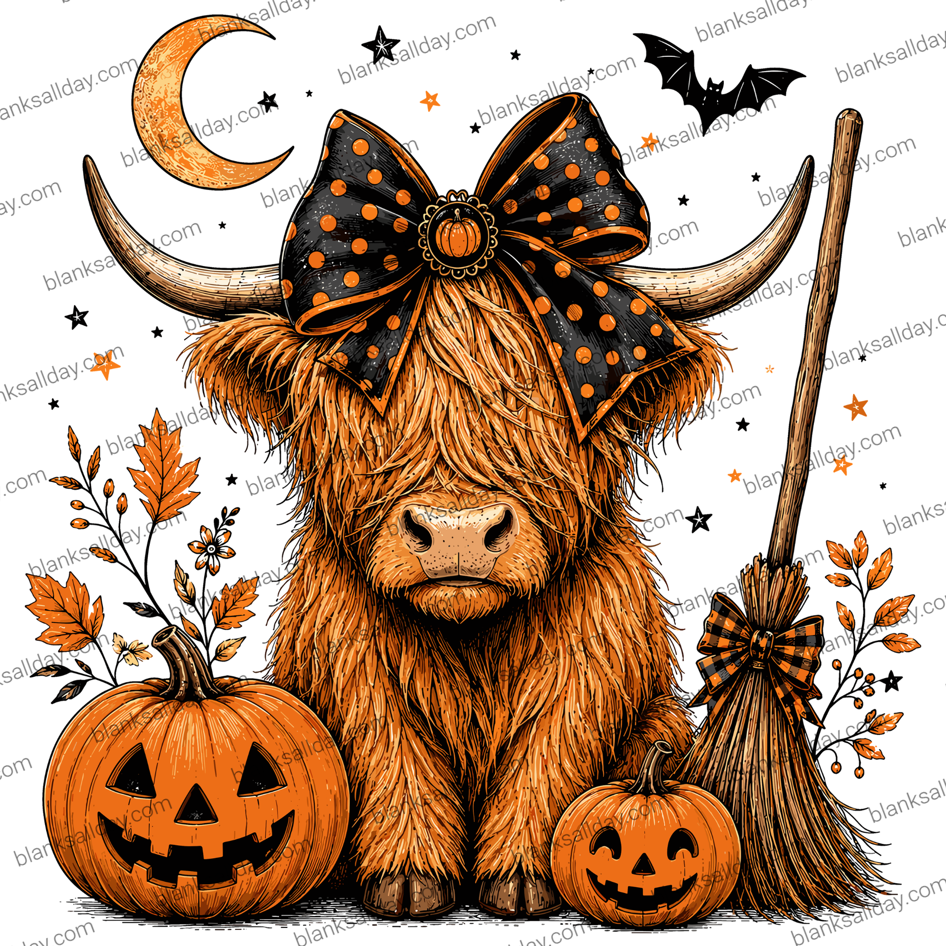 A Halloween-themed illustration of a shaggy Highland cow wearing a large black bow with orange polka dots, sitting between two carved pumpkins and beside a broom, with a crescent moon, bats, and stars in the background.
