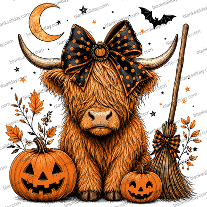 A Halloween-themed illustration of a shaggy Highland cow wearing a large black bow with orange polka dots, sitting between two carved pumpkins and beside a broom, with a crescent moon, bats, and stars in the background.