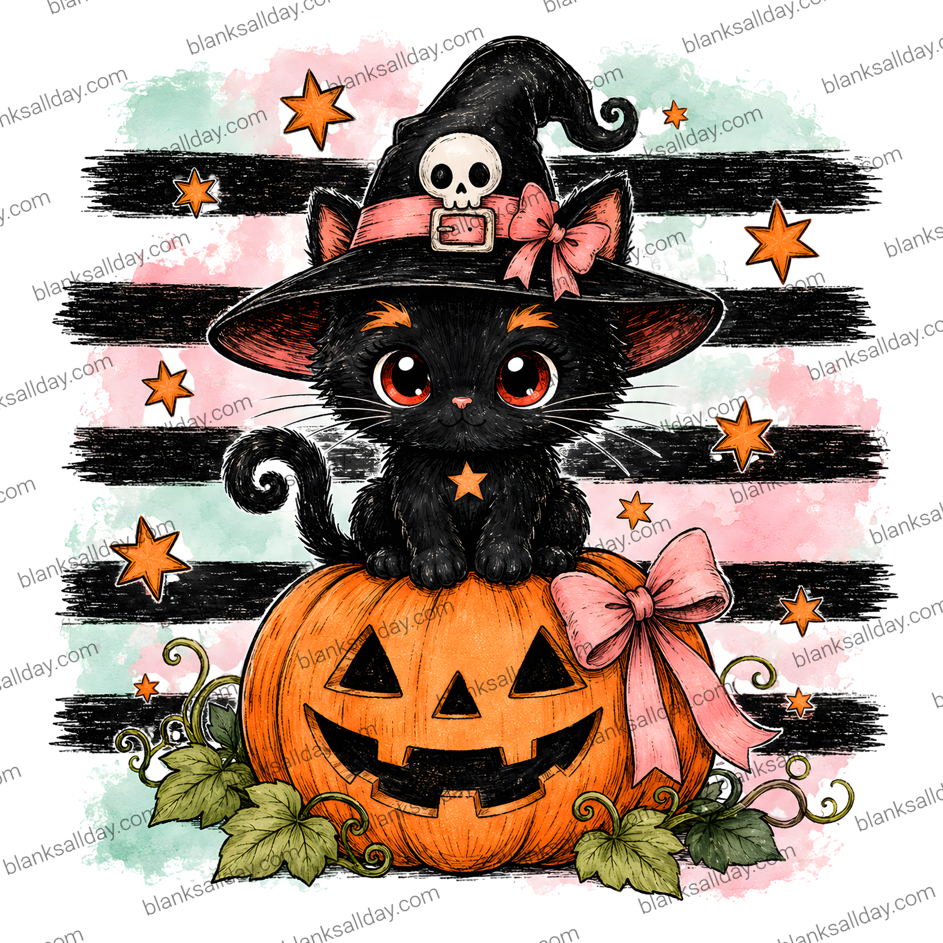 A cute Halloween illustration featuring a black kitten wearing a witch hat with a skull and pink bow, sitting on an orange jack-o'-lantern with green leaves and a pink bow. The background has black brushstroke stripes over a pastel pink, green, and white watercolor wash, with scattered orange stars.