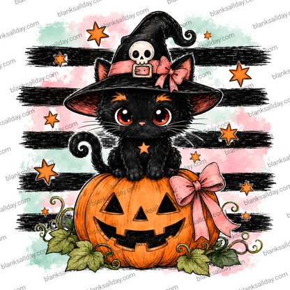 A cute Halloween illustration featuring a black kitten wearing a witch hat with a skull and pink bow, sitting on an orange jack-o'-lantern with green leaves and a pink bow. The background has black brushstroke stripes over a pastel pink, green, and white watercolor wash, with scattered orange stars.