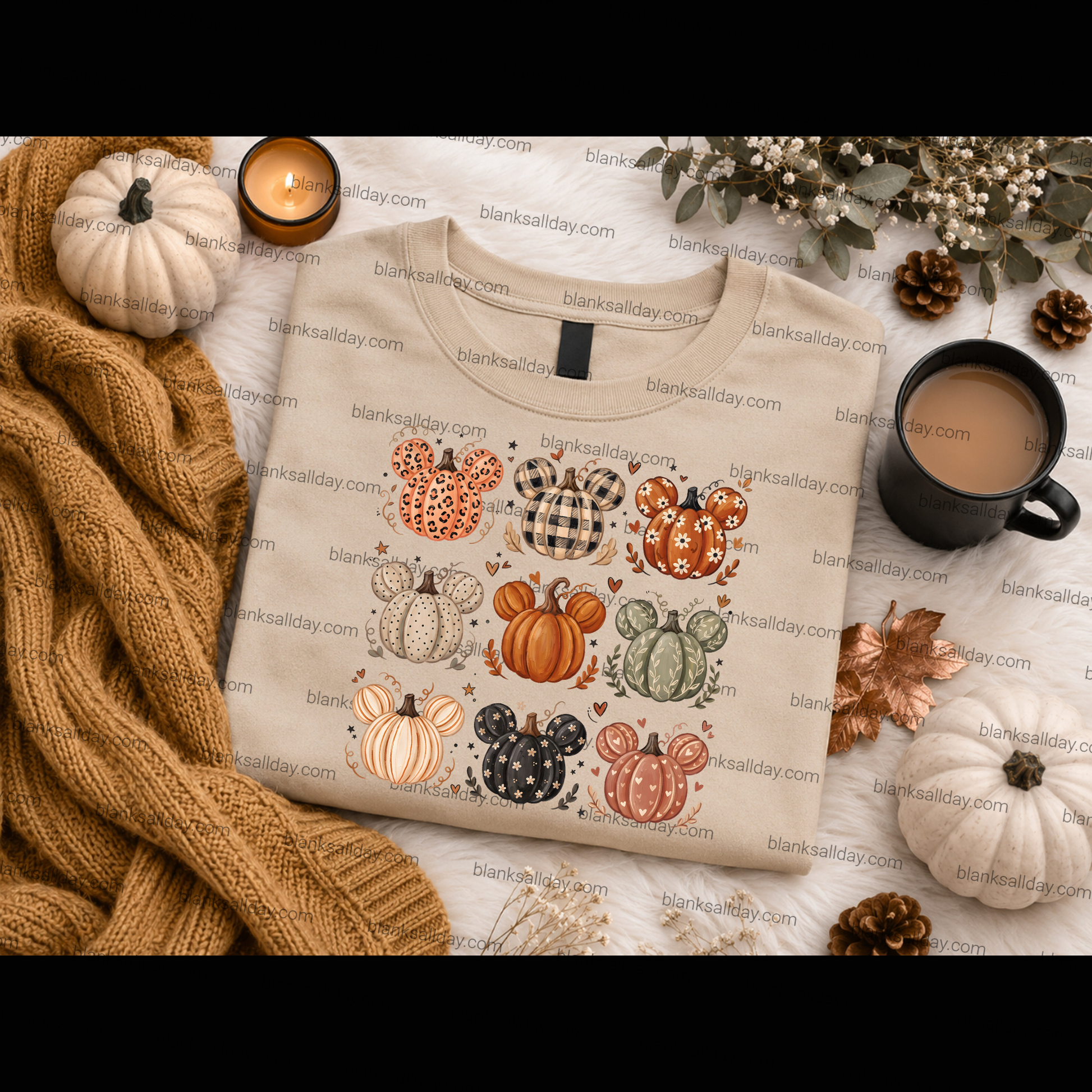 A folded beige crewneck sweatshirt with a colorful autumn Mouse-themed pumpkin print, styled in a cozy flat-lay with a brown knit sweater, pumpkins, a candle, a mug of coffee, and fall leaves on a white faux fur surface.