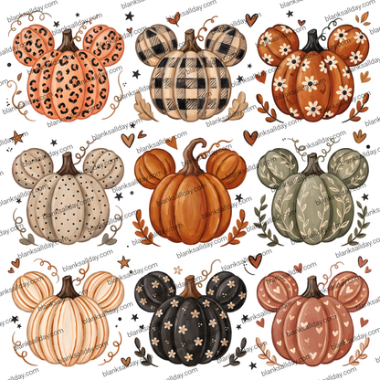A repeating pattern of Mouse-style pumpkin silhouettes in autumn colors, including leopard print, buffalo plaid, speckled beige, solid orange, olive green, and black with floral motifs, on a white background with decorative hearts and leaves.