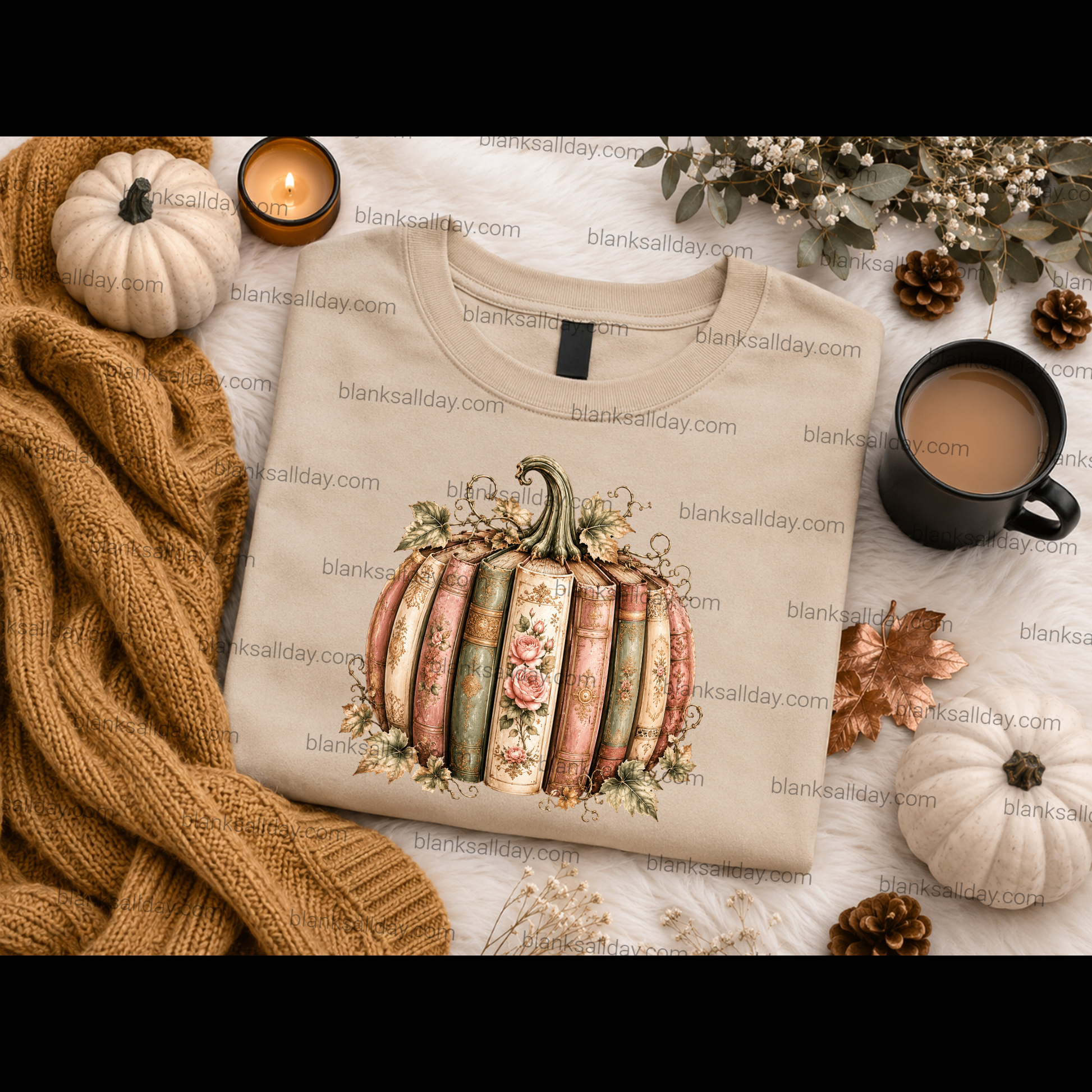 A folded beige crewneck sweatshirt with a graphic of stacked vintage books forming a pumpkin, styled in a cozy autumn flat-lay with a knit sweater, pumpkins, a mug, and fall leaves on a white faux fur background.
