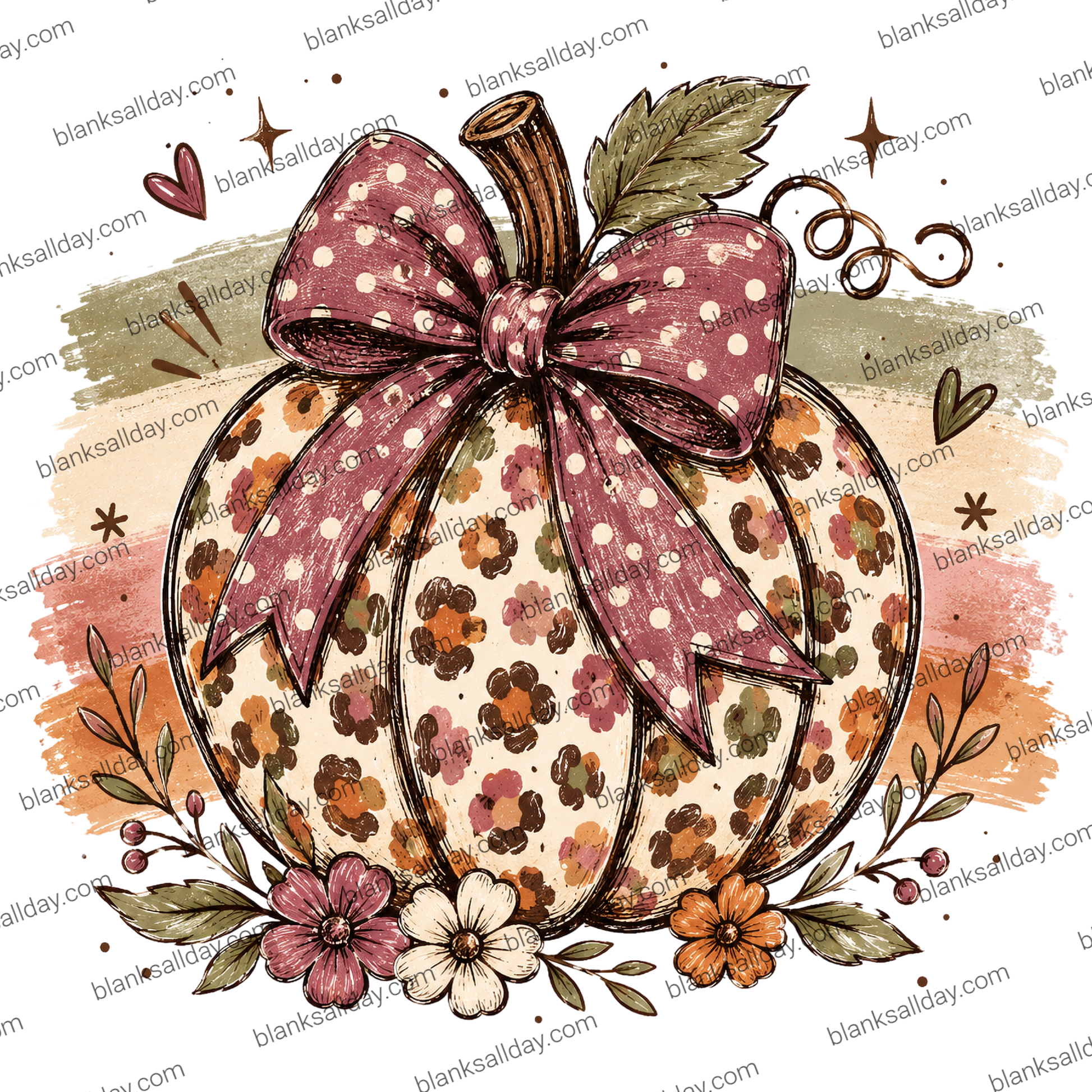 A decorative autumn pumpkin illustration with a large dusty rose bow covered in white polka dots, surrounded by floral details and watercolor-style fall washes on a white background.