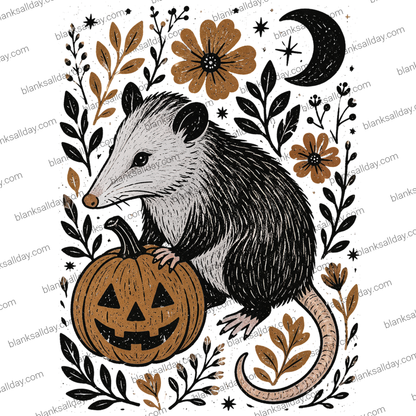 A Halloween-themed illustration featuring an opossum holding a carved jack-o'-lantern pumpkin, surrounded by black leaves, brown flowers, and a black crescent moon and star on a white background.