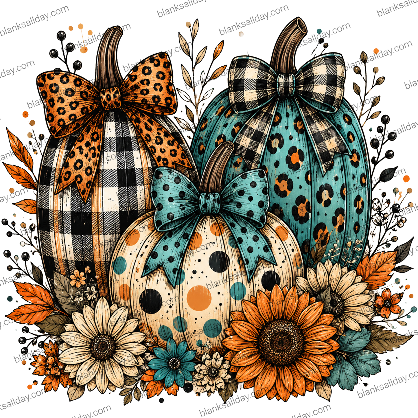 Autumn floral illustration featuring three decorative pumpkins with large bows, surrounded by sunflowers, leaves, and berries. The pumpkins have distinct patterns: one black-and-cream buffalo plaid, one teal and cream leopard print, and one cream and teal polka dot.