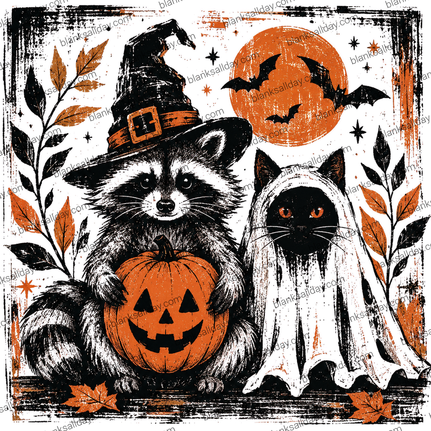 Halloween illustration featuring a raccoon in a witch hat holding a jack-o'-lantern, next to a black cat in a ghost costume, with bats, stars, and an orange moon in the background.