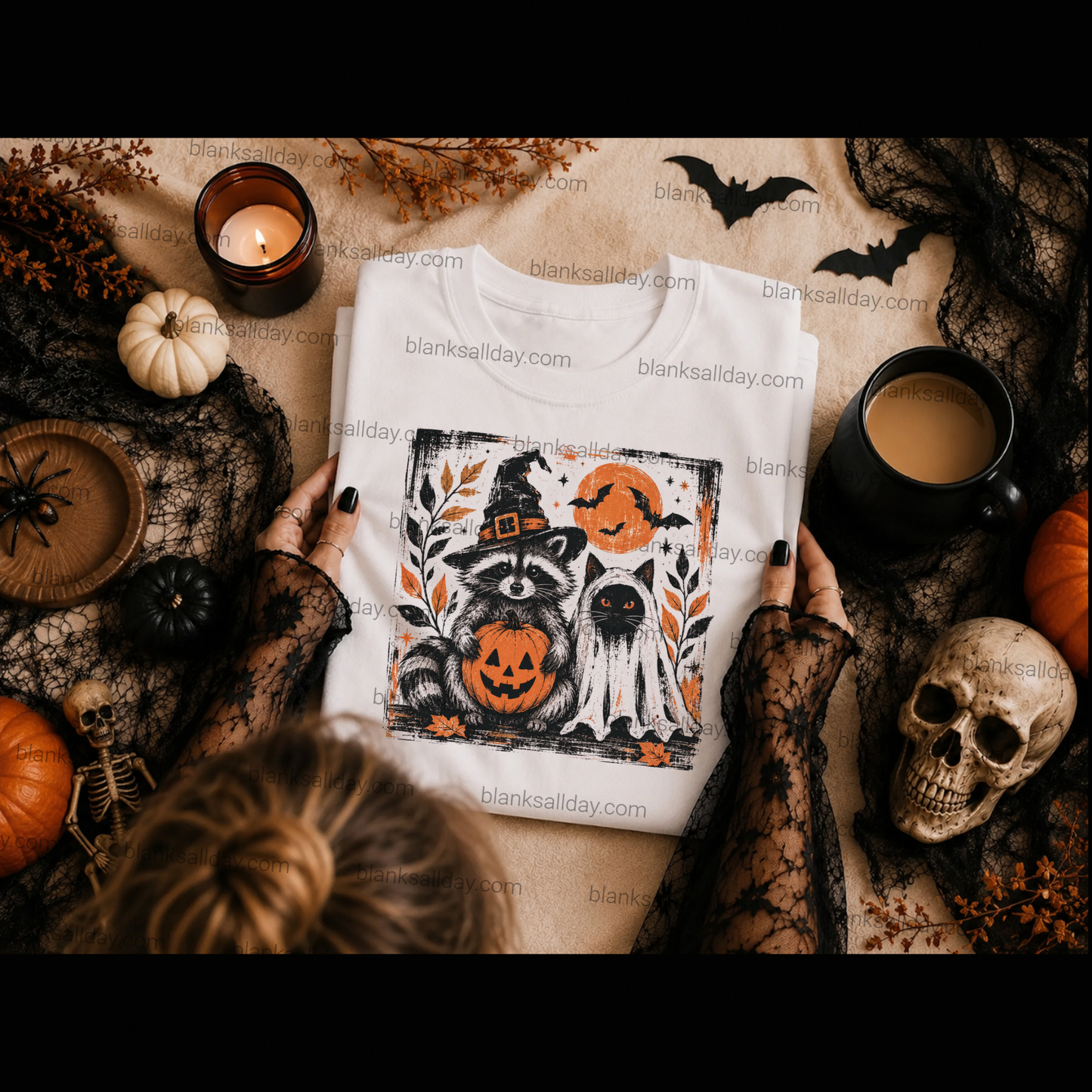 Racoon kitten pumpkin mockup on a white shirt