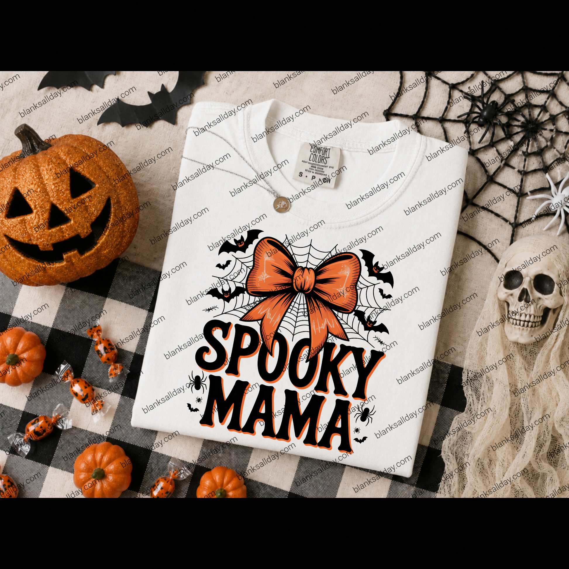 spooky mama bow ready-to-press sublimation transfer shown on a shirt mockup